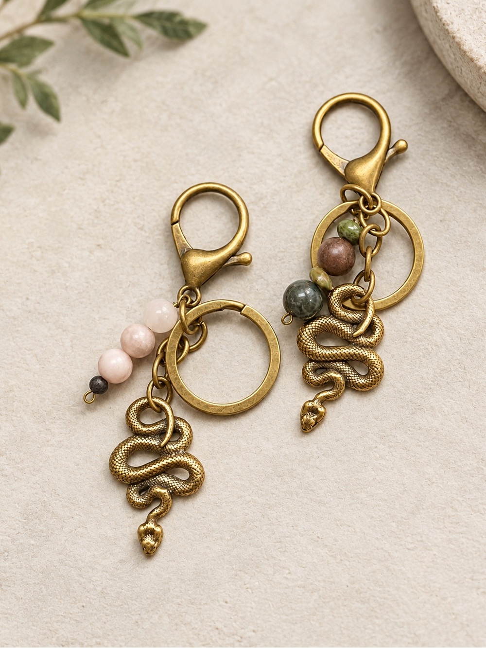 Bronze Snake Charm Keychain with Pink or Green Gemstones